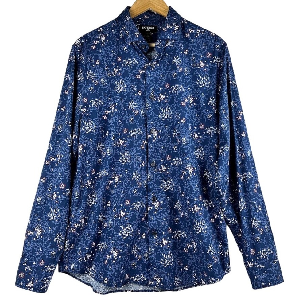 Express Button Down‎ Shirt Men's Long Sleeve Casual Blue Floral Print Size Large